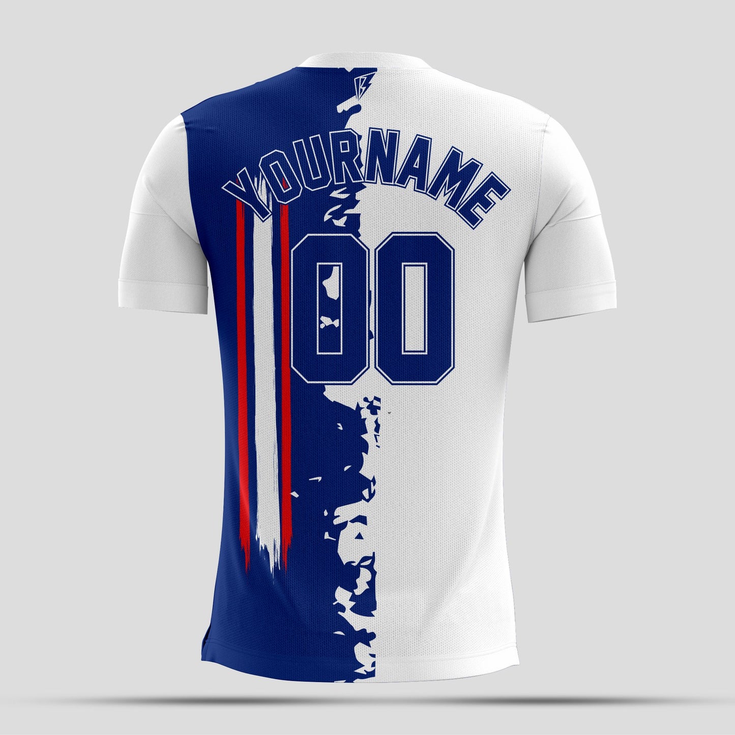 White & Blue Split Dri-Fit T-Shirt with Black Lettering – Custom Sublimated Athletic Tee