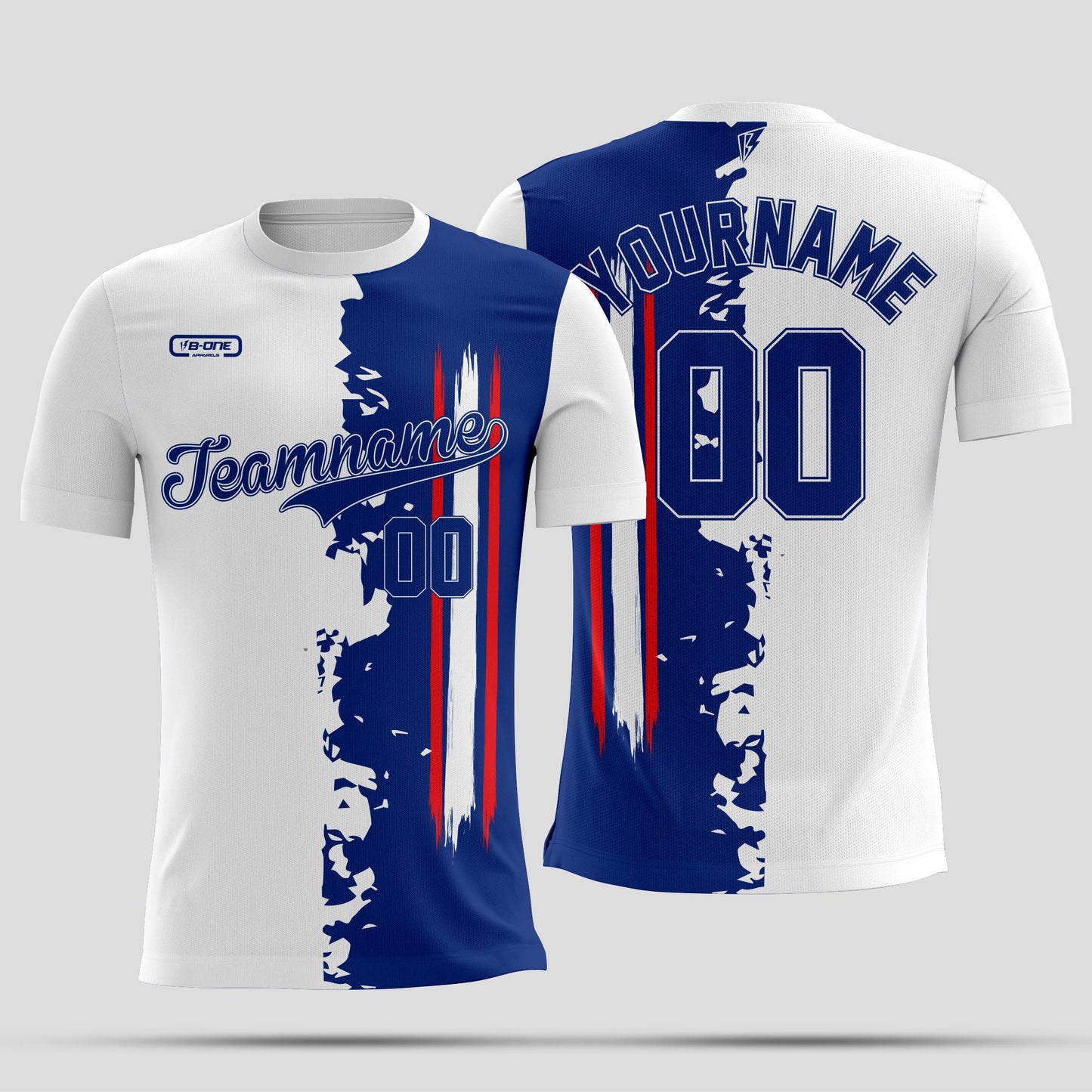 White & Blue Split Dri-Fit T-Shirt with Black Lettering – Custom Sublimated Athletic Tee