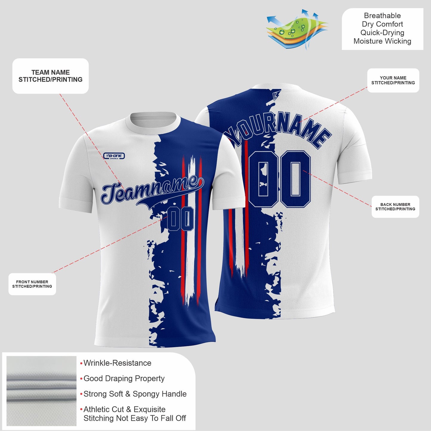 White & Blue Split Dri-Fit T-Shirt with Black Lettering – Custom Sublimated Athletic Tee