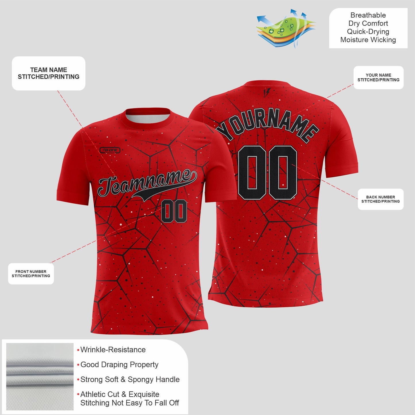Red & Black Textured Dri-Fit T-Shirt – Custom Sublimated Athletic Performance Tee