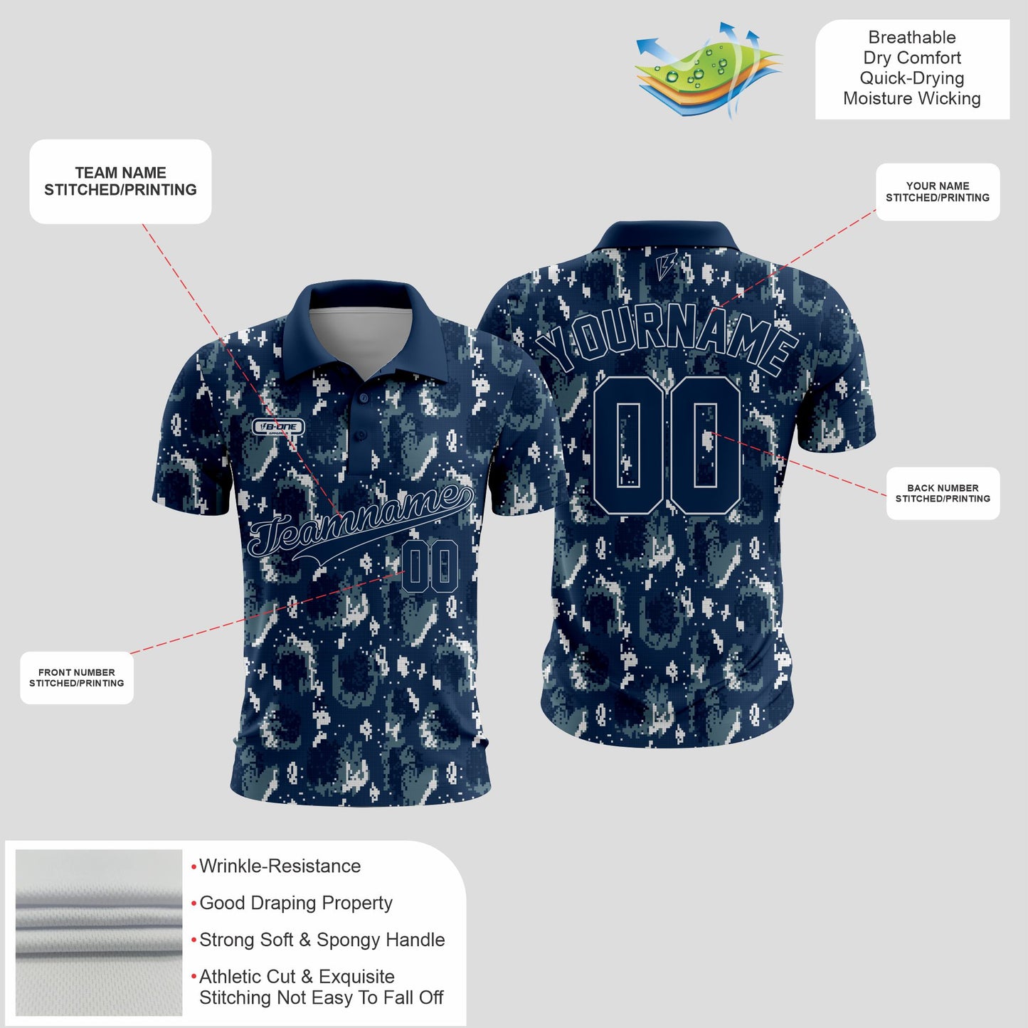 Blue white Camo Dri-Fit Polo Shirt – Custom Sublimated Performance Polo for Sport & Casual Wear
