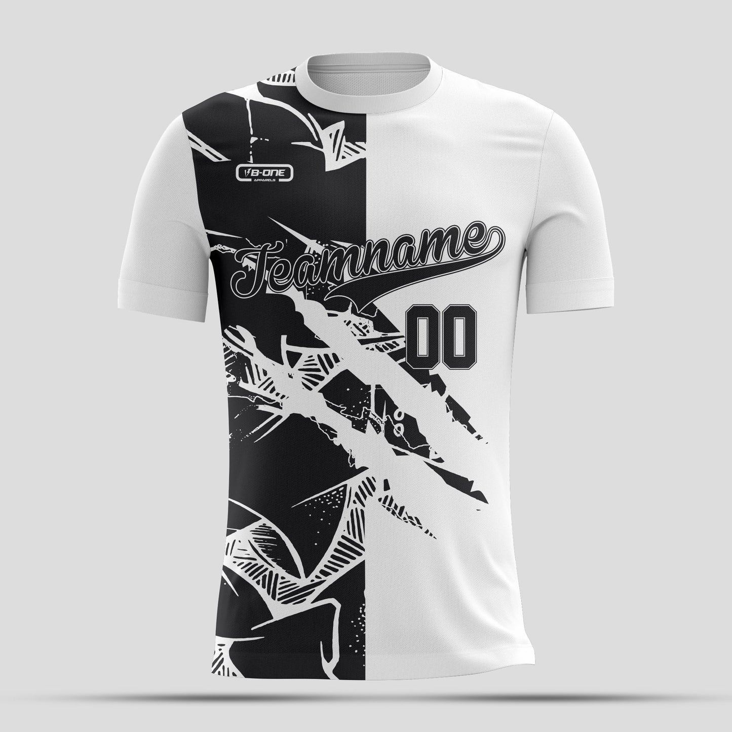 White & Black Split Dri-Fit T-Shirt with Black Lettering – Custom Sublimated Athletic Tee