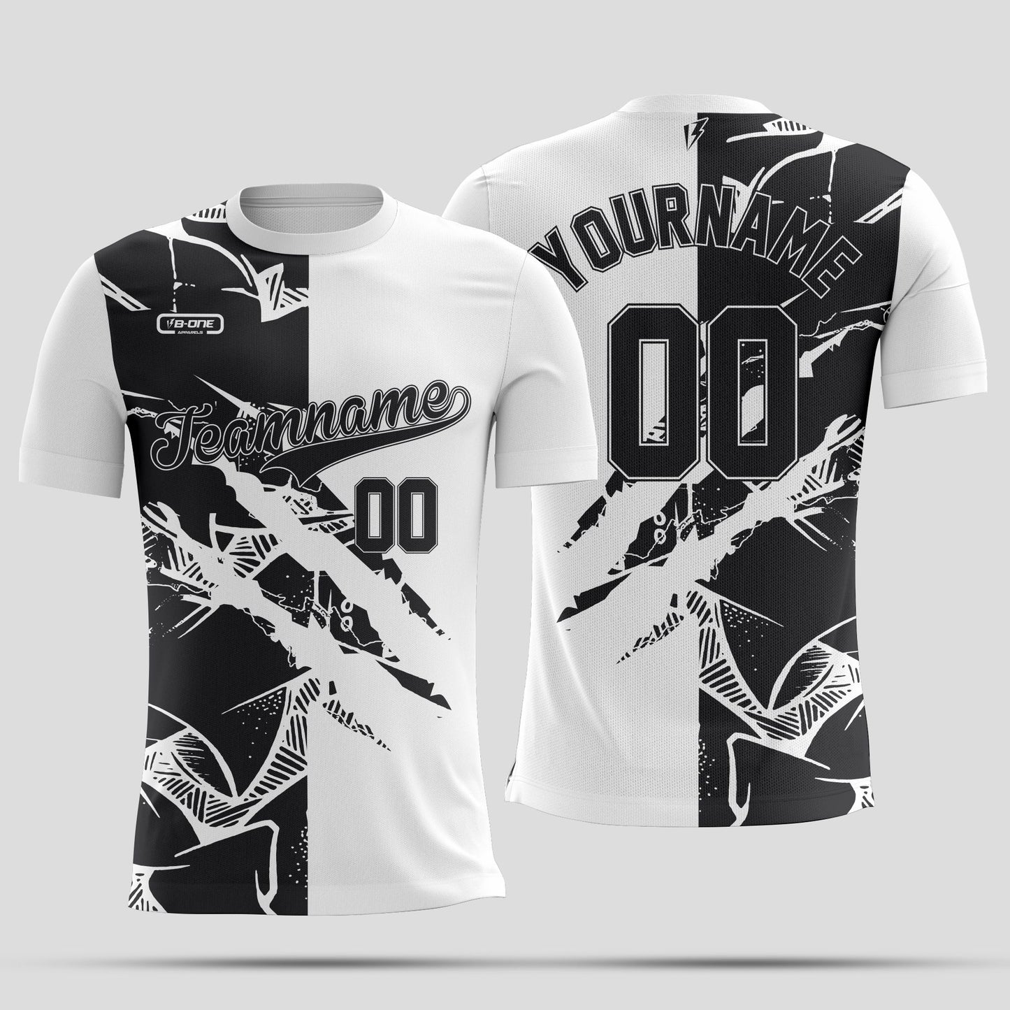 White & Black Split Dri-Fit T-Shirt with Black Lettering – Custom Sublimated Athletic Tee