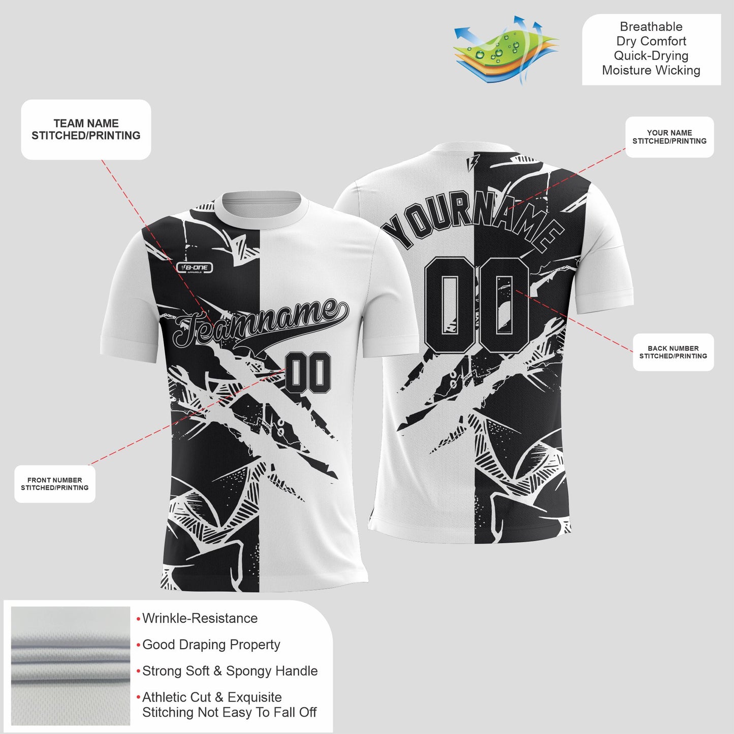 White & Black Split Dri-Fit T-Shirt with Black Lettering – Custom Sublimated Athletic Tee