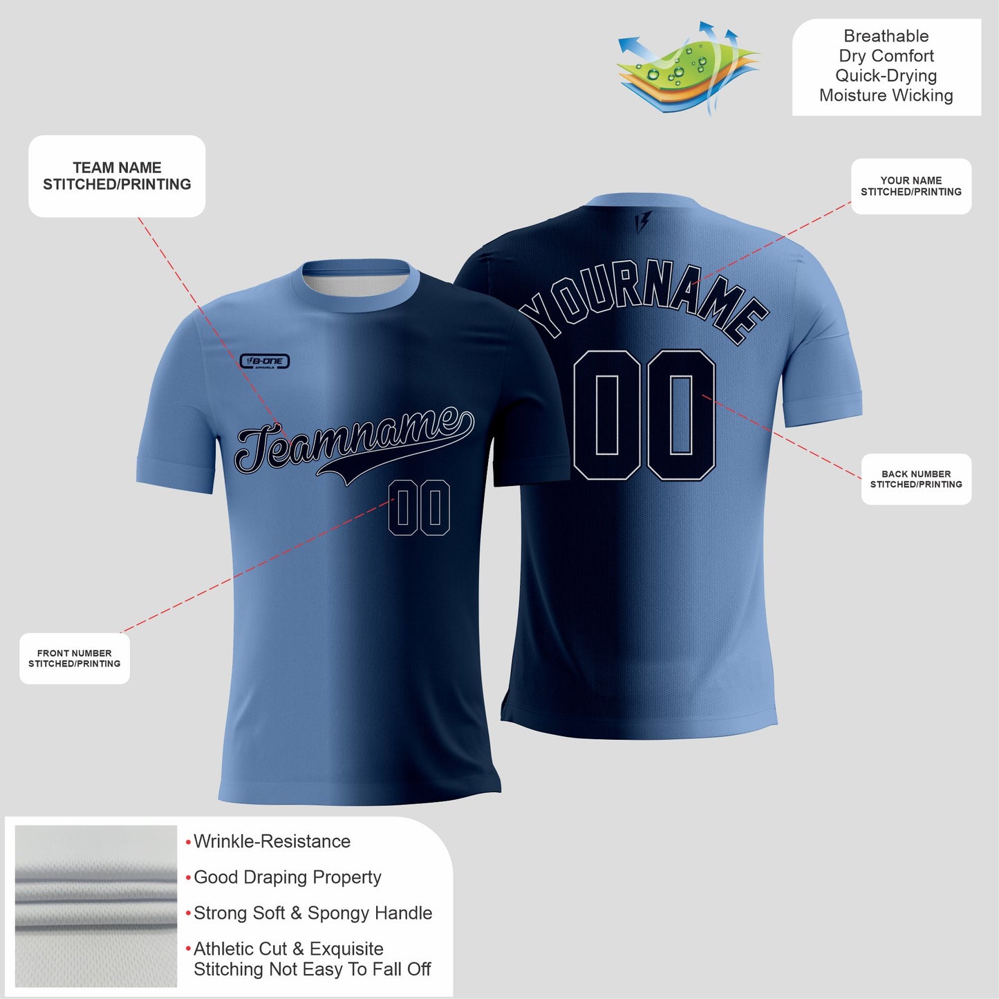 Light Blue and Black half split with white letters Dri-Fit Texture T-Shirt – Custom Sublimated Athletic