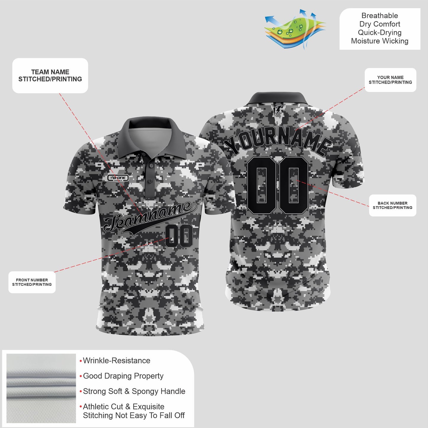 Grey white Camo Dri-Fit Polo Shirt – Custom Sublimated Performance Polo for Sport & Casual Wear