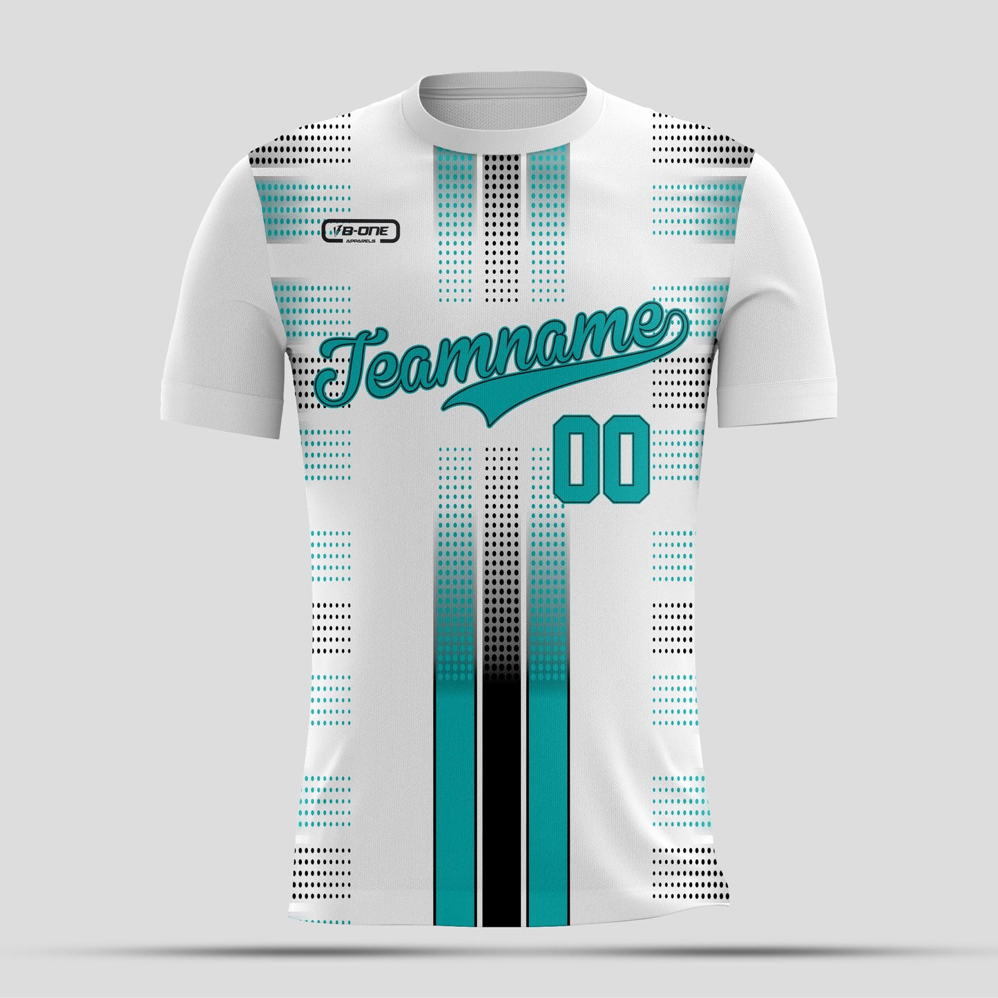 White & Teal Dri-Fit T-Shirt with Black Lettering – Custom Sublimated Athletic Tee