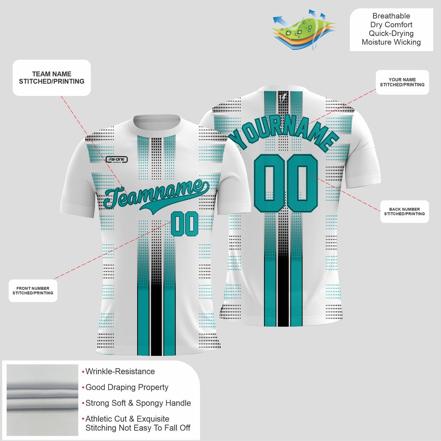White & Teal Dri-Fit T-Shirt with Black Lettering – Custom Sublimated Athletic Tee