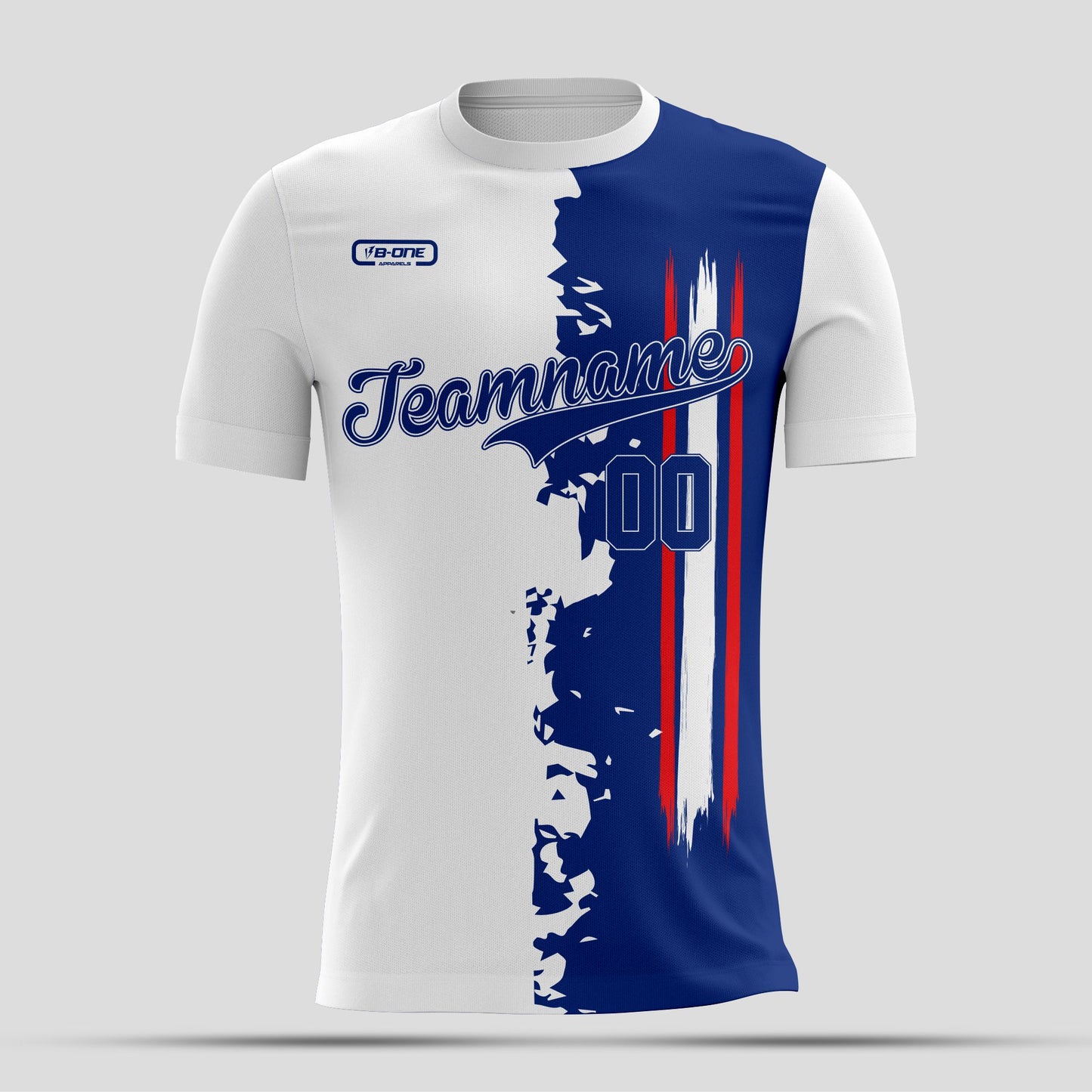 White & Blue Split Dri-Fit T-Shirt with Black Lettering – Custom Sublimated Athletic Tee