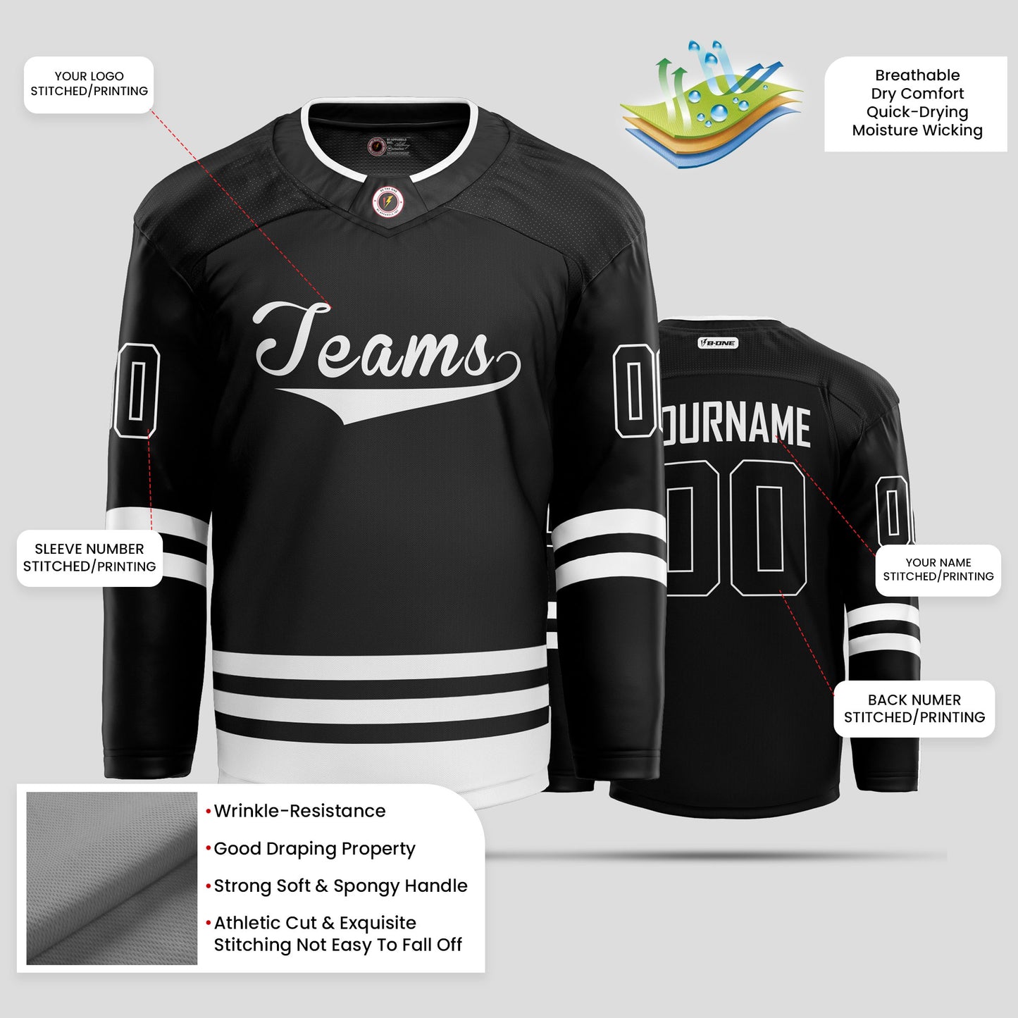 Premium Custom Black and White Authentic Hockey Jersey