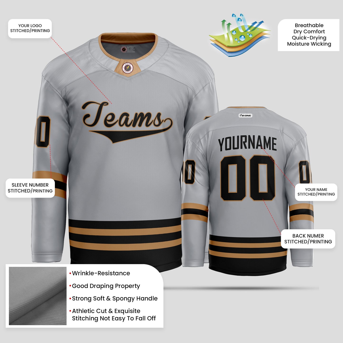 Custom Gray, Gold, and Black Streetwear Hockey Jersey – Trendy & Personalized