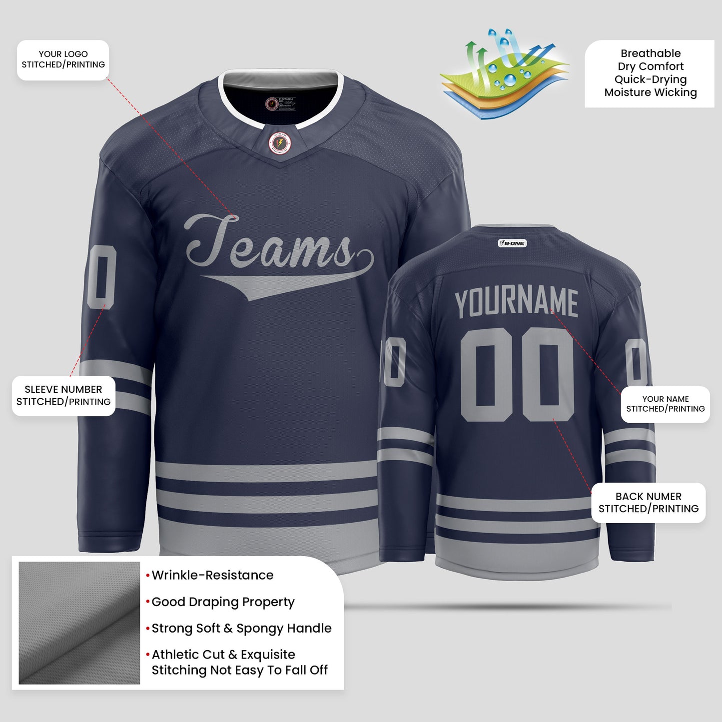 Custom Team Name Navy and Gray Hockey Jersey - Personalized Performance Gear