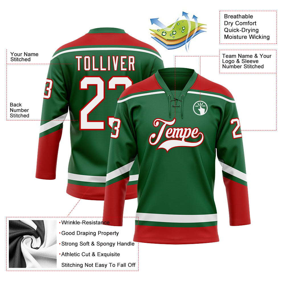 Custom Kelly Green White-Red Hockey Lace Neck Jersey