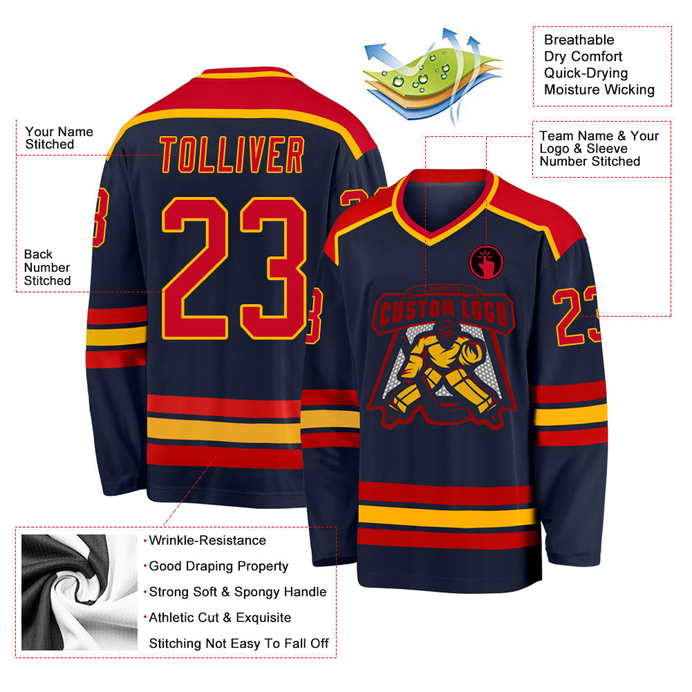 Custom Navy Red-Gold Hockey Jersey
