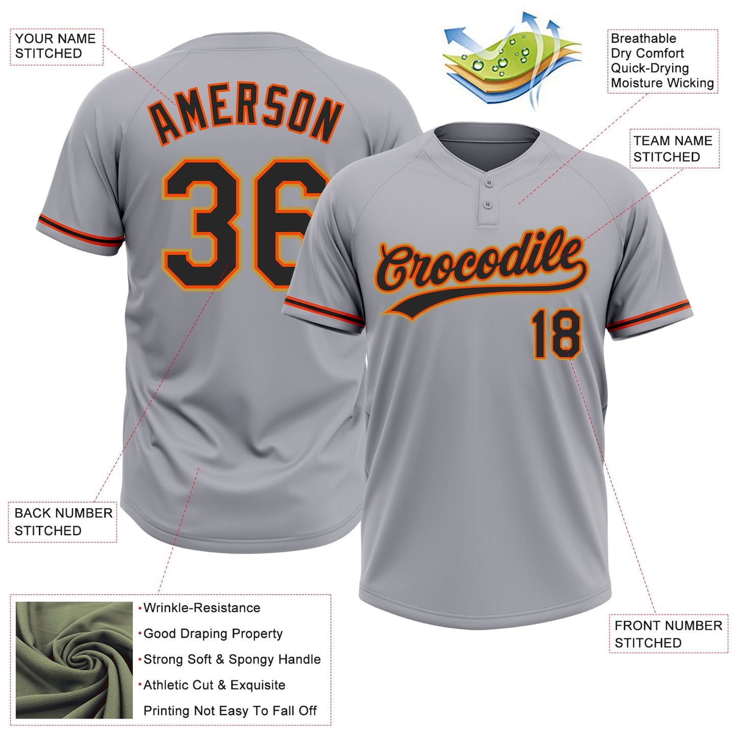 Custom Gray Black Orange-Old Gold Two-Button Unisex Softball Jersey