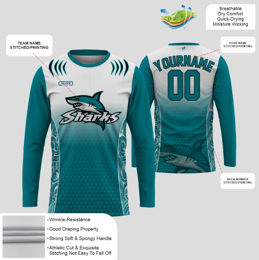 Teal & White Custom Shark Long Sleeve Dri-Fit Sublimated Shirt