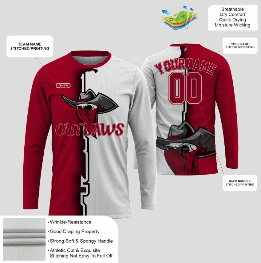 Red & White Custom Outlaws Long Sleeve Dri-Fit Sublimated Shirt