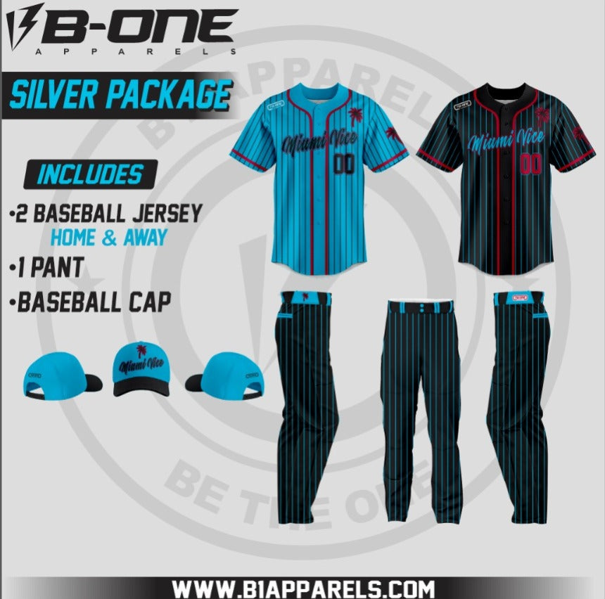 Baseball Silver Package – 2 Jerseys, Pant & Cap | Custom Team Set