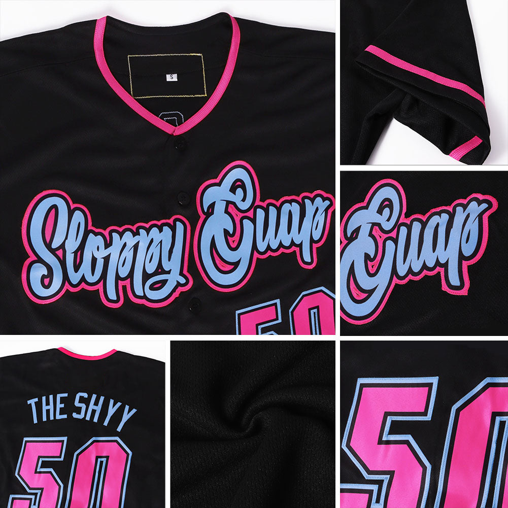 Custom Black Pink-Light Blue Authentic Softball Jersey