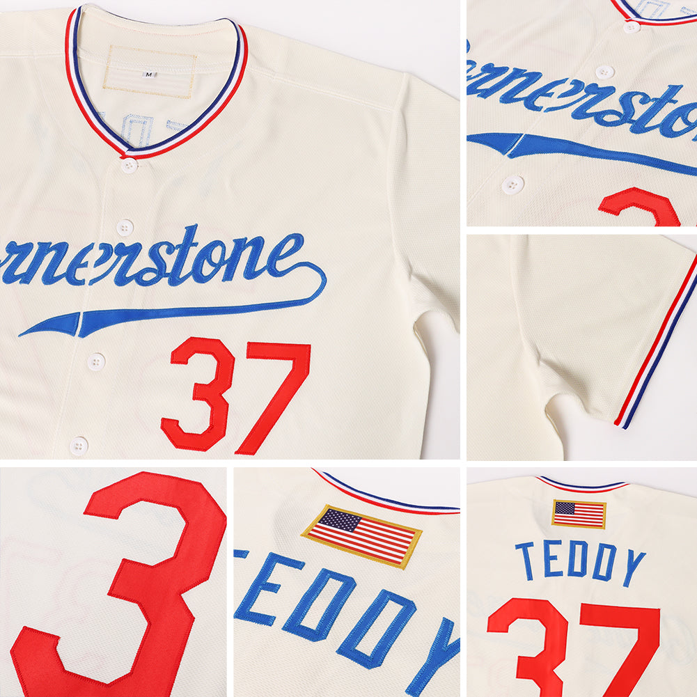 Custom Cream Red-Royal Authentic American Flag Fashion Softball Jersey
