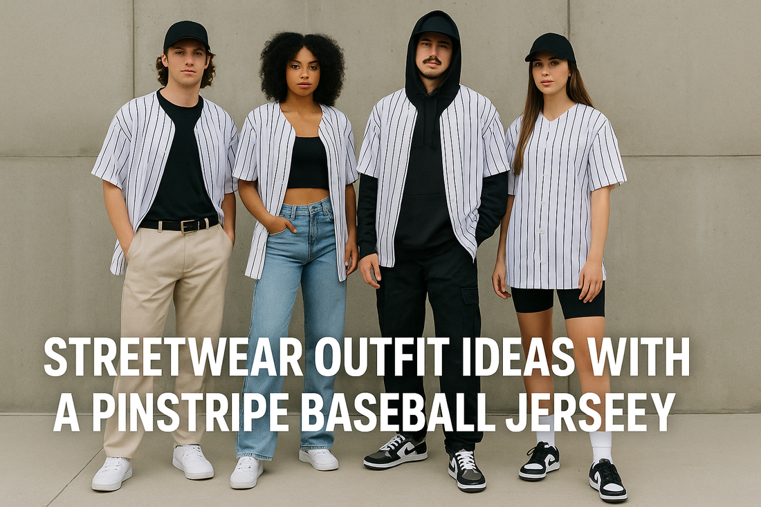 What are some streetwear outfit ideas with a pinstripe baseball jersey?