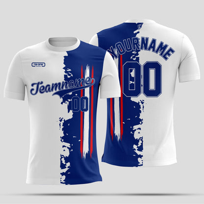 White &  Blue  Split Dri-Fit T-Shirt with Black Lettering – Custom Sublimated Athletic Tee
