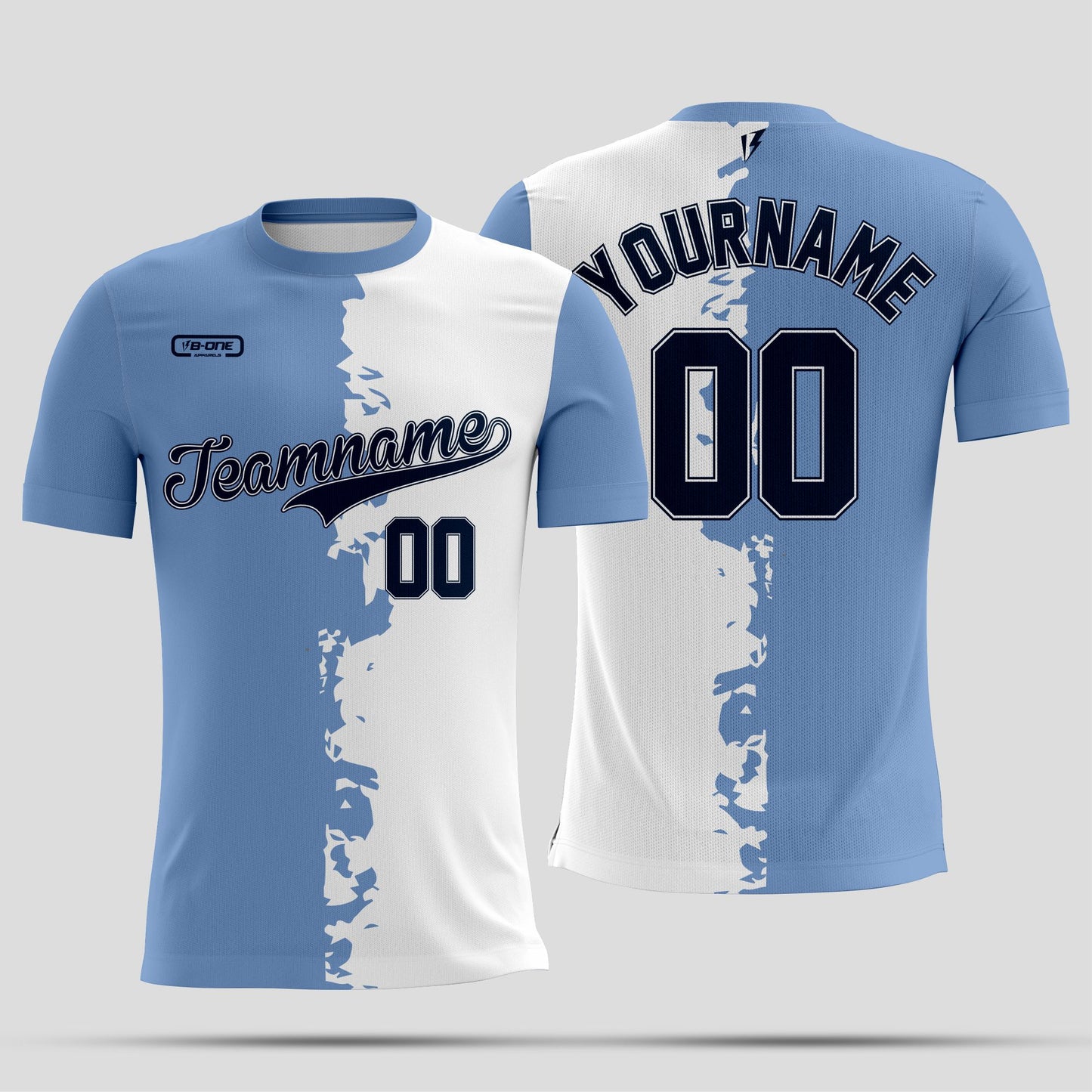 Light Blue and White half split with white letters Dri-Fit Texture T-Shirt – Custom Sublimated Athletic