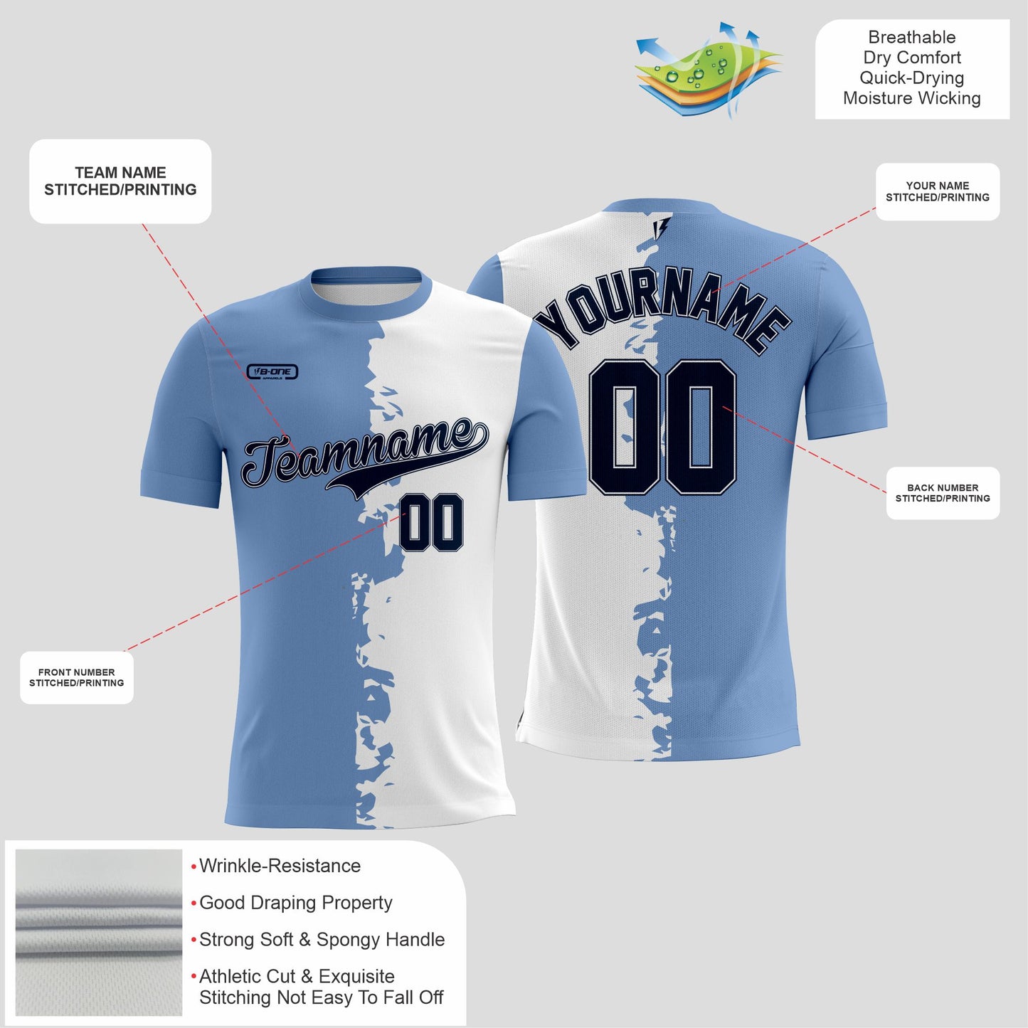 Light Blue and White half split with white letters Dri-Fit Texture T-Shirt – Custom Sublimated Athletic