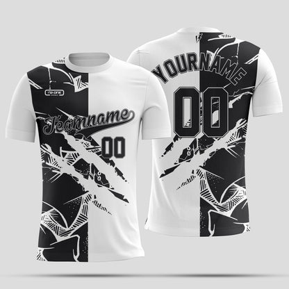 White &  Black Split Dri-Fit T-Shirt with Black Lettering – Custom Sublimated Athletic Tee