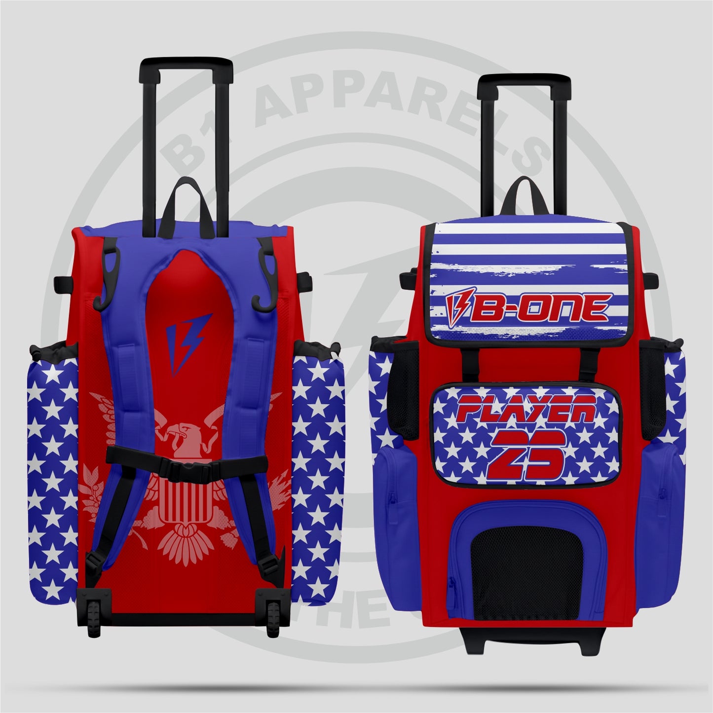 Custom Pro Rolling Bat Bag blue and red and us stars