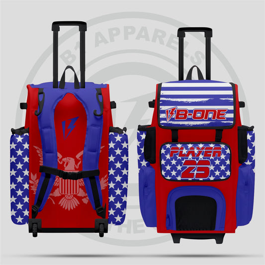 Custom Pro Rolling Bat Bag blue and red and us stars