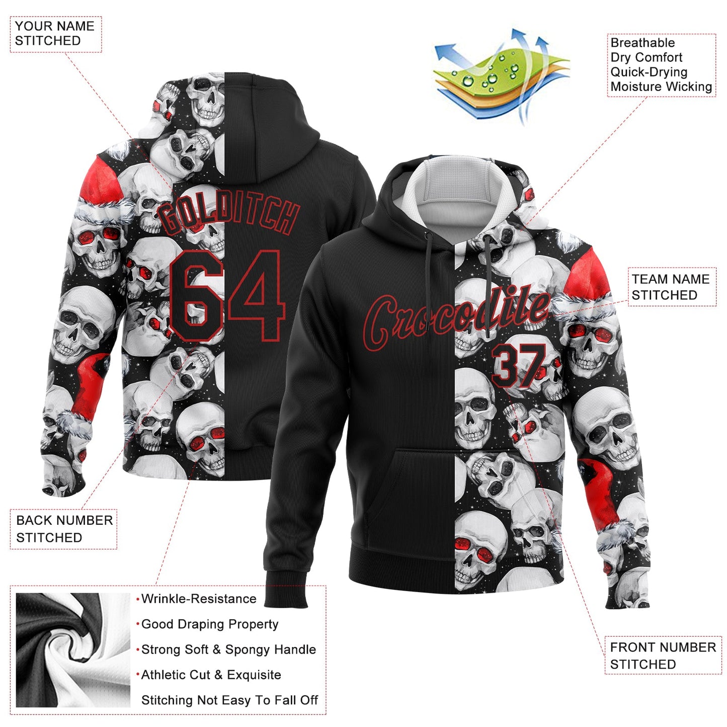 Custom Stitched White Black-Red 3D Skulls And Christmas Santa's Hat Sports Pullover Sweatshirt Hoodie