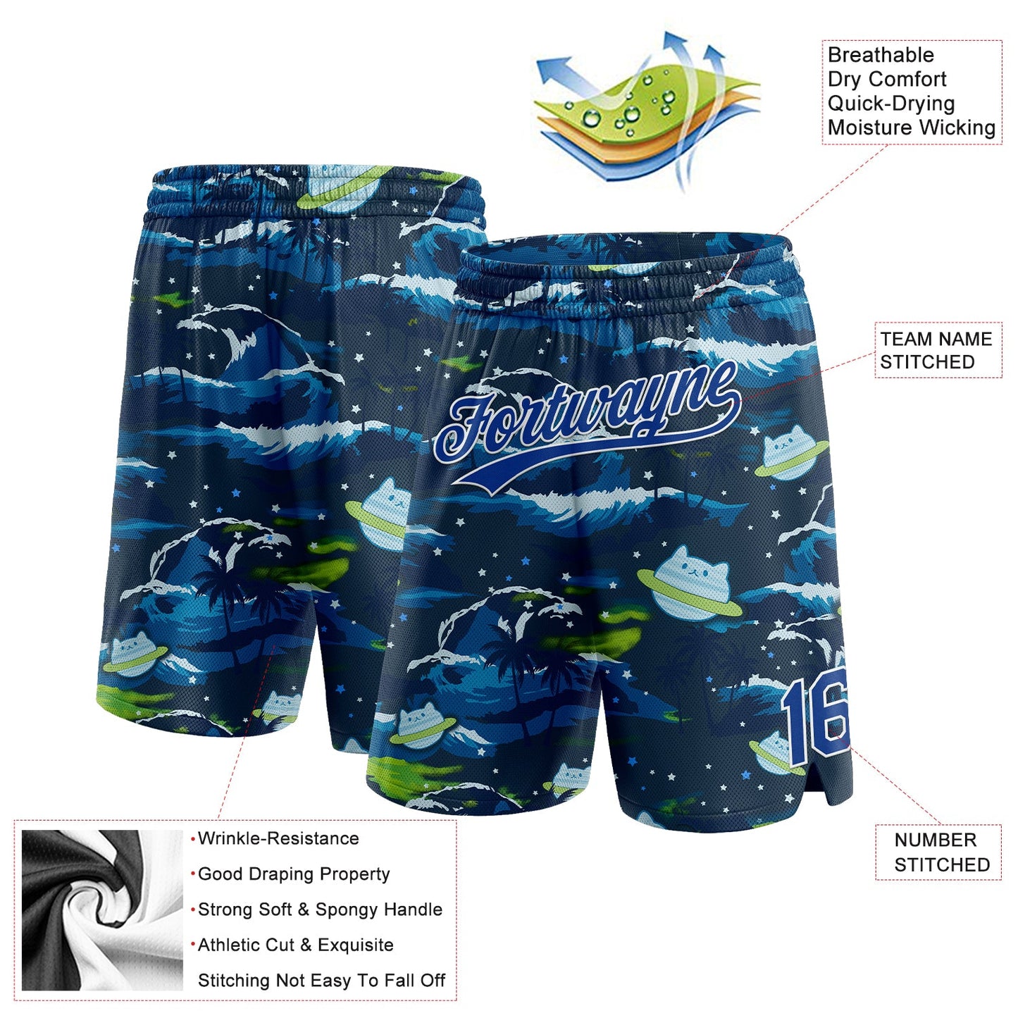 Custom Navy Royal-White 3D Pattern Sea Wave Authentic Basketball Shorts