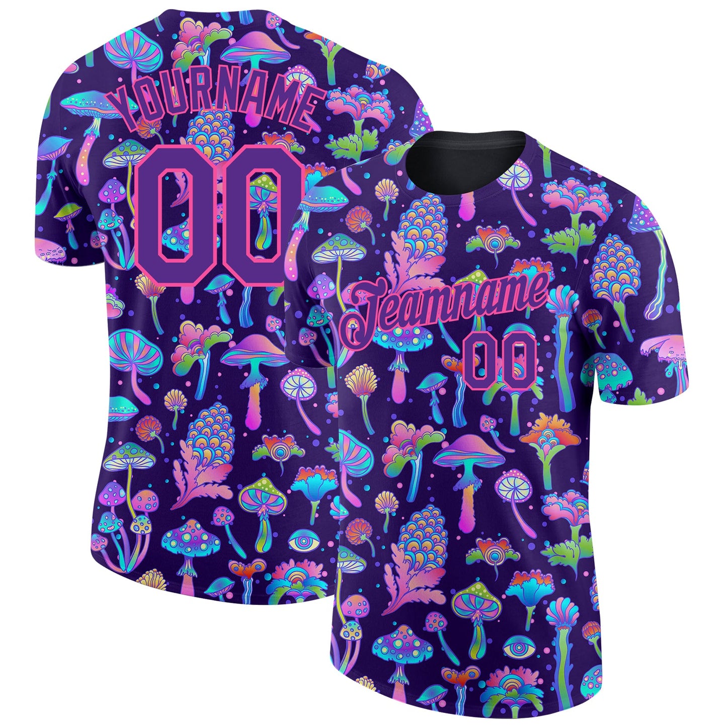 Custom Black Purple-Pink 3D Pattern Design Colorful Flowers And Mushrooms Psychedelic Hallucination Performance T-Shirt