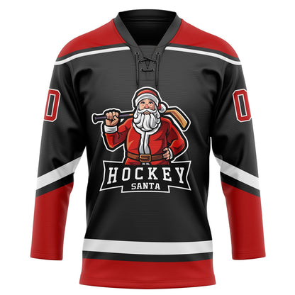 Custom Black Red-White Christmas Santa Claus 3D Hockey Lace Neck Jersey