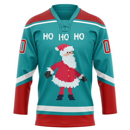 Custom Teal Red-White Christmas Santa Claus 3D Hockey Lace Neck Jersey