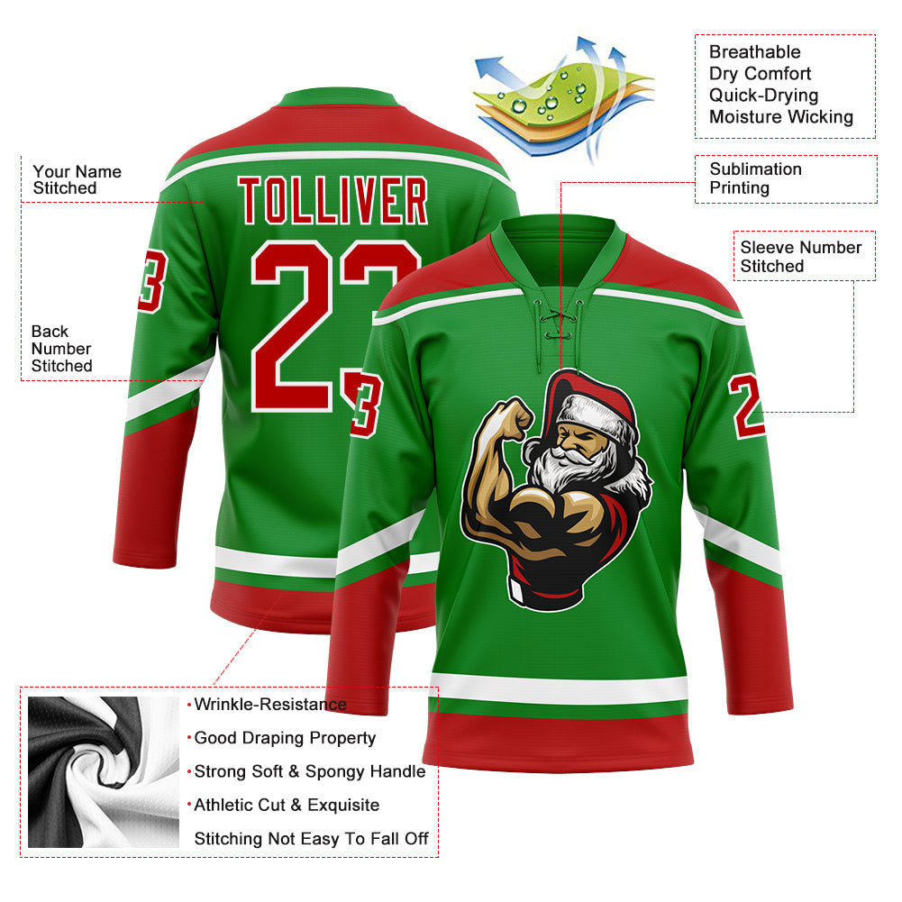 Custom Grass Green Red-White Christmas Santa Claus 3D Hockey Lace Neck Jersey