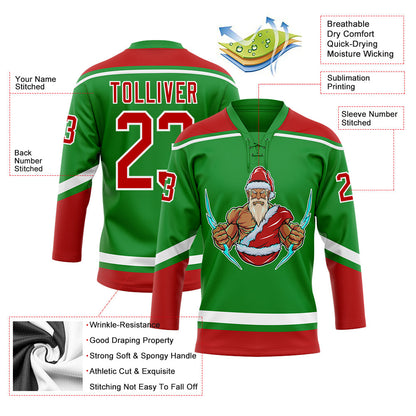 Custom Grass Green Red-White Christmas Santa Claus 3D Hockey Lace Neck Jersey