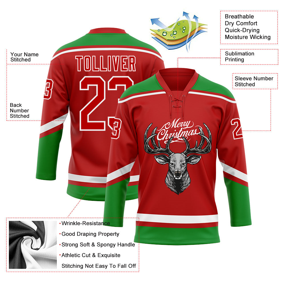 Custom Red Grass Green-White Christmas Reindeer 3D Hockey Lace Neck Jersey