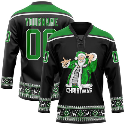 Custom Black Grass Green-White Christmas Santa Claus 3D Hockey Lace Neck Jersey