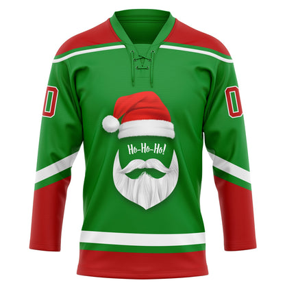 Custom Grass Green Red-White Christmas Santa Claus 3D Hockey Lace Neck Jersey