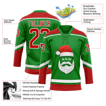 Custom Grass Green Red-White Christmas Santa Claus 3D Hockey Lace Neck Jersey