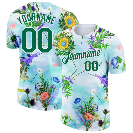 Custom White Kelly Green 3D Pattern Design Flowers Performance T-Shirt