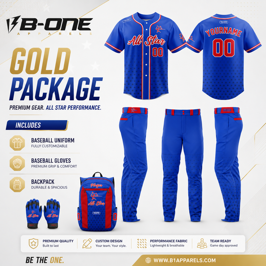 Custom Baseball Uniform Gold Package – Complete Team Uniform, Gloves & Backpack