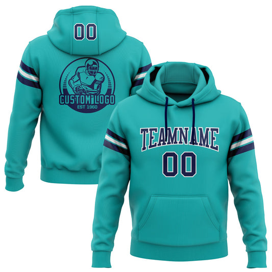 Custom Stitched Aqua Navy-White Football Pullover Sweatshirt Hoodie