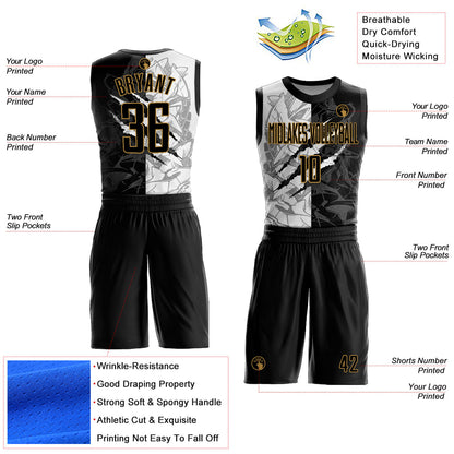 Custom Graffiti Pattern Black-Old Gold Scratch Round Neck Sublimation Basketball Suit Jersey