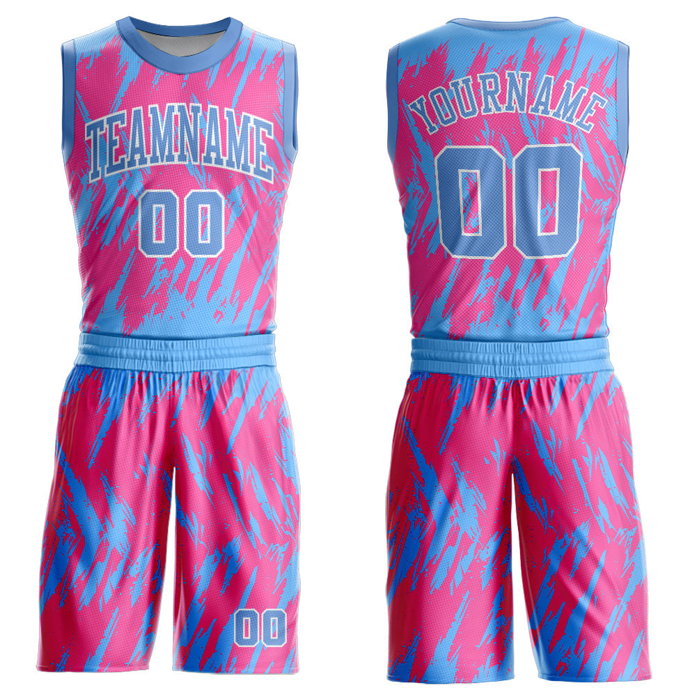 Custom Pink Light Blue-White Round Neck Sublimation Basketball Suit Jersey