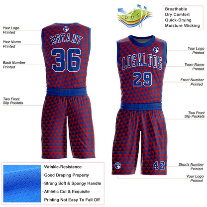 Custom Red Royal-White Triangle Shapes Round Neck Sublimation Basketball Suit Jersey