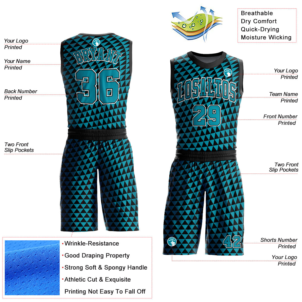 Custom Teal Black-White Triangle Shapes Round Neck Sublimation Basketball Suit Jersey