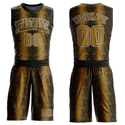 Custom Black Old Gold-White Animal Fur Print Round Neck Sublimation Basketball Suit Jersey